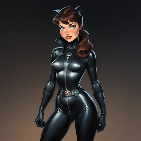score_9, score_8_up, score_7_up,score_6_up, artist style:Urushihara Satoshi, source_hentai, source_anime, masterpiece, 2D, catwoman, selina_kyle, bruce_timm, pinup_(style), T1mmStyl3,  BREAK, selina_kyle,, solo, 1woman, brown hair, blue eyes, catsuit, leather, skintight, black_bodysuit, pinup,