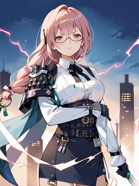 1girl, tsukishiro yanagi, solo, glasses, black gloves, high-waist skirt, white collared shirt, single pauldron, earpiece, harness, neck ribbon, cowboy shot, lightning, electricity, aura, embers, looking at viewer, floating hair, glaring, hand on hilt, sword <lora:Char-ZZZ-Yanagi-pony-V1:0.9>, score_9, score_8_up, score_7_up, source_anime