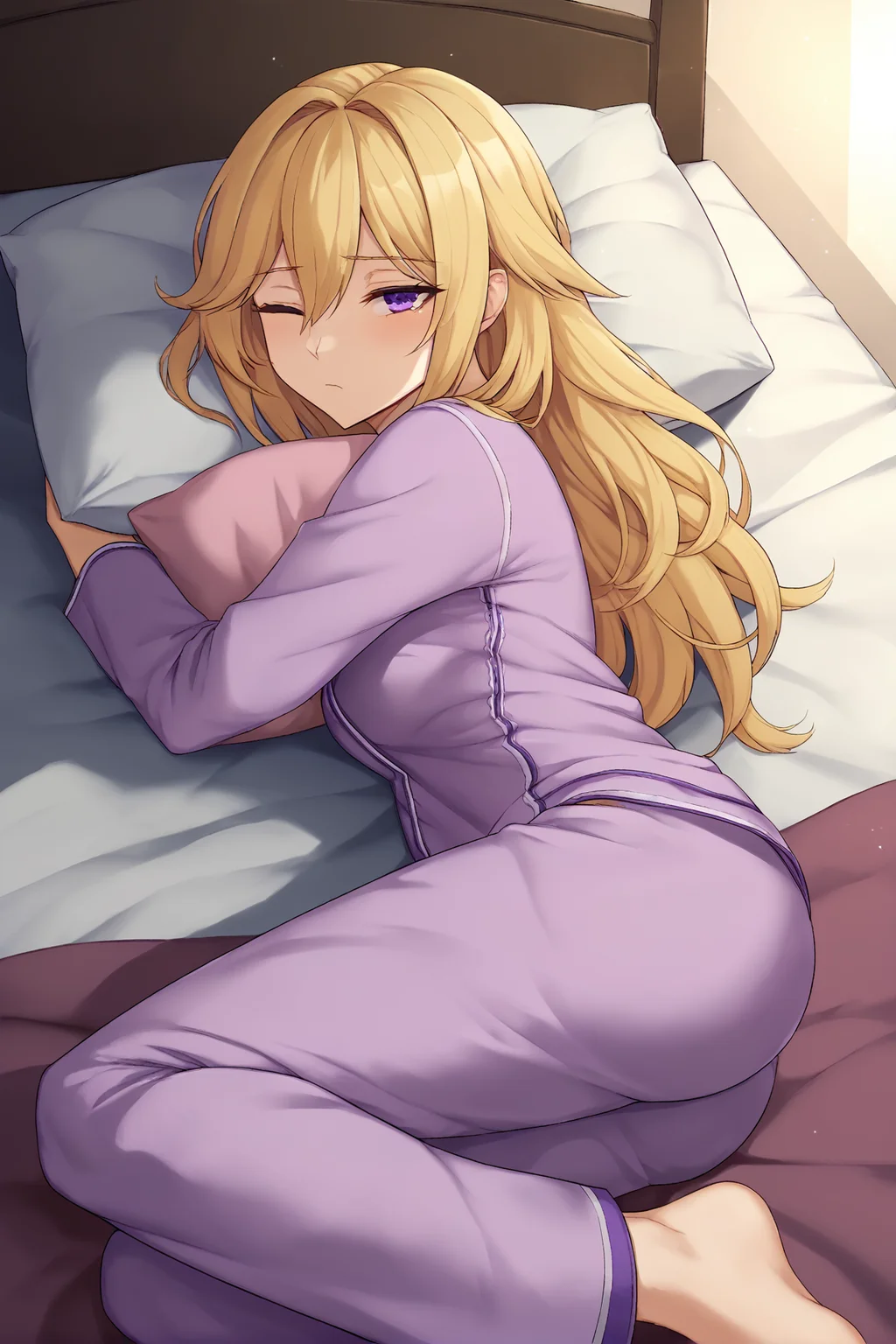 score_9,
a girl lying in bed hugging her pillow, blonde hair, long hair, on side, sleepy, one eye open, pajamas, solo, from side, purple eyes,
<lora:velminth:1>,
high resolution, Masterpiece