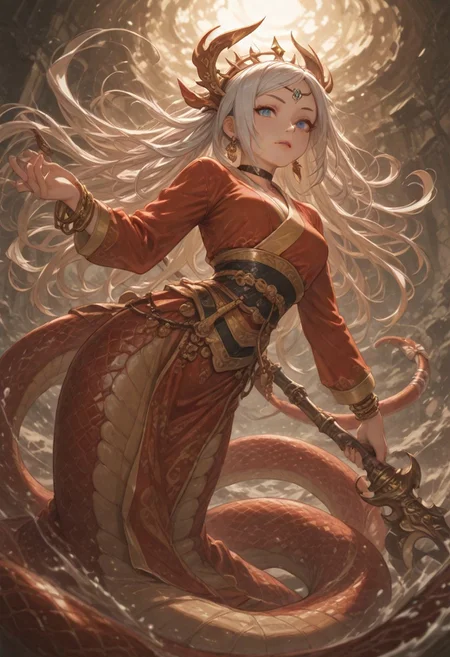 best quality, amazing quality, very  esthetic, newest, scenery, high-resolution, masterpiece, detailed eyes, perfect eyes, realistic eyes, depth of  field, low angle, 
long flowing red hair, intense focus, fantasy outfit, gold and red accents, flowing cape, intricate armor, staff weapon, graceful standing pose, mystical battlefield, soft warm lighting, vibrant cel-shading, bold colors,1girl, lamia, monster girl, white hair, blue eyes, tail ornament, tail, headdress, choker, earrings, tail bow, bangle ,loincloth, red scales,((chinese hanfu)),long sleeves, Korean hanbok, Japanese Kimono, Chinese  cheongsam, fully clothed, 
bloom, snake style, volumetric lighting,  (fighting stance:0.7).
