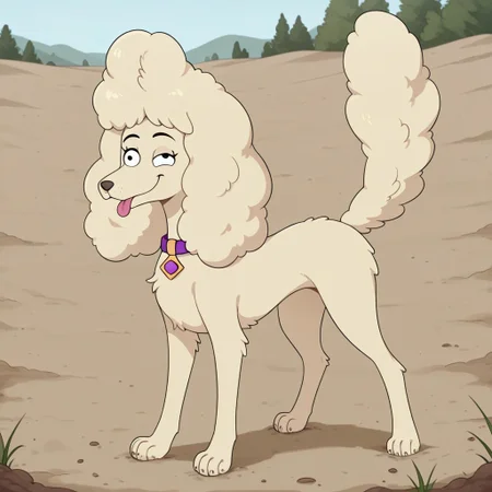 Lady_C(HB), Solo, 1girl, feral, dog, dog girl, poodle, tan fur, puffy tail, puffy ears, purple collar, derp face, full body, tongue out, standing, smiling, dirt field setting,