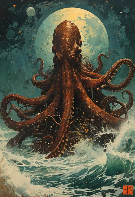 cinematic giant kraken in the ocean, (in the style of Frank Frazetta painting) Dean Cornwell, design, 1970s, Russian Constructivist style, double exposure, volumetric lighting, expressive, ancient starchart, ink spattered background, warm colors, space, art deco, splatter, Japanese Woodblock print, planar rectilinear shapes, extreme energy, dynamic posing, Dutch angle, black, Crimson<lora:xl_more_art-full_v1:0.3>