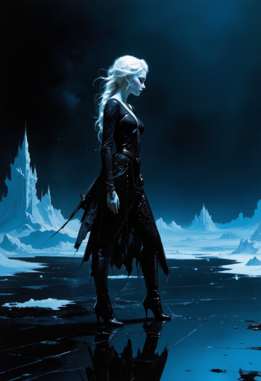 in the style of cksc, Endless black space, black mirrored floor.
 (Close view, three-quarter portrait, Facing us),


fashion photography,(full body:1), Endless black space, black mirrored floor.
(( Elsa, Frozen, sexy pose, cropped white hair)), tall woman, sexy, sensuality, high end clothing, dynamic pose, bdsm props, small breasts, wide hips, igiex. (gothic style). The background is minimalist, a gradient of shadowy blue tones, amplifying the ethereal and futuristic ambiance of the scene. The overall composition feels cinematic,  . . (Depth of field), low saturation,detail. ,,. masterpiece, best quality, medium-format camera, high-contrast, dramatic lighting, striking composition, ,,. masterpiece, best quality, . mythp0rt, charismatic., ,,. masterpiece, best quality, dramatic lighting,. 

 
(Depth of field), low saturation,detail. mythp0rt Stylish, charismatic.CPA
,,sNOW wHITE,   

 (Depth of field), low saturation,detail. mythp0rt Stylish, charismatic., belle
 

full body. An otherworldly atmosphere, Mysticism. nigiex. . (Depth of field), low saturation,detail. mythp0rt Stylish, charismatic. (depth of field) mythp0rt, .. 

 An otherworldly atmosphere.
(Depth of field), low saturation,detail. mythp0rt Stylish, charismatic. ,.
masterpiece,   ,KNRm,   embedding:SD15\charturnerv2, CPA,

igiex.  
. 
  , dynamic pose
  