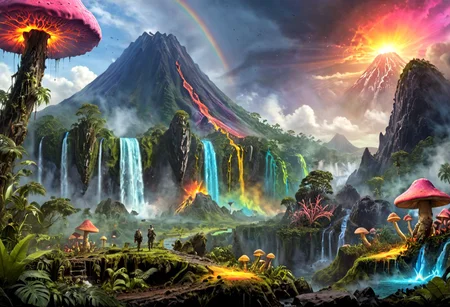 (Mixed terrain with lava land and overgrown prehistoric jungle. A Volcano explodes in the background. Dinosaurs.)
(Jungle full of giant, overgrown trees and many large (glowing mushrooms) in different bright contained color. Blue mushroom. Green mushroom. Pink mushroom. Yellow mushroom.)
(A path leads through the Jungle and is covered in golden cracks)
masterpiece, best quality, ultra detailed, professional light, cinematic lighting, ambient lighting, bright colors, atmospheric effects, photorealistic, epic landscape, fantasy, waterfall, mountains, cliff,  clouds, (jungle), (volcano in background), rainbow, glowing mushrooms.