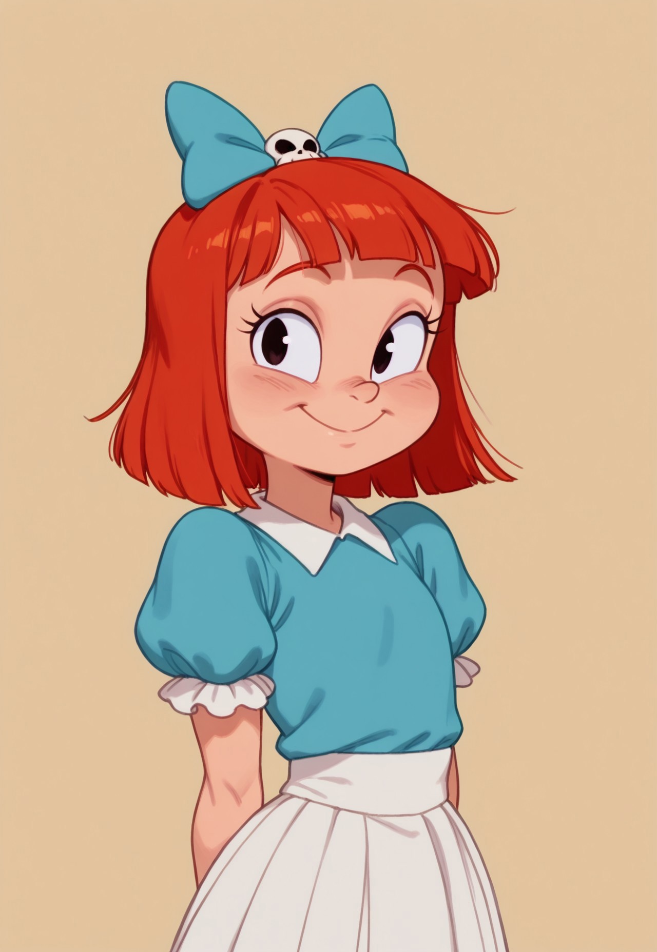 1girl, solo, elmyra_duff, red hair, skull blue bow, blue shirt with puffed sleeves, white skirt, upper body, simple background, looking at viewer, cute, short, smile, masterpiece, absurdres, high quality, best quality, 