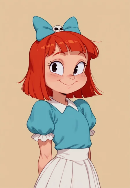 1girl, solo, elmyra_duff, red hair, skull blue bow, blue shirt with puffed sleeves, white skirt, upper body, simple background, looking at viewer, cute, short, smile, masterpiece, absurdres, high quality, best quality, 