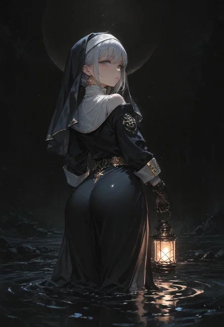best quality, amazing quality, very esthetic, newest, scenery, high-resolution, masterpiece,
1girl, solemn, confident, look back ,solo ,silver hair, braided hair, nun, black uniform ,open shoulder, high slit, ,golden trimmed, earrings, jewelry, holding lantern ,gloves,
dark background , water, moon light, reflection.