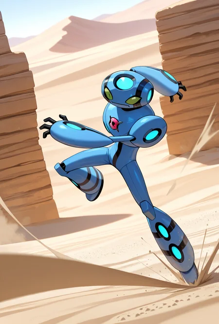 <lora:ulteco-10:1> ulteco, pokemon (creature),blue robot, green eyes, closed mouth, dynamic pose, shockwaves, desert, sand,, masterpiece, best quality, amazing quality, very aesthetic, absurdres, newest,