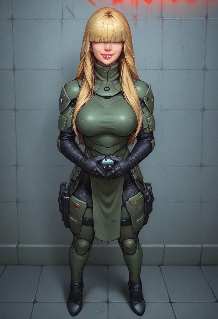 1girl, ((front view))), looking at viewer, highly detailed, from front, 1girl, skinny, looking at viewer, masterpiece, best quality,
raw, extremely detailed, hyperrealism, photo, perfect anatomy, <lora:grewishka_alita_pxl:1> source_photo, source_real, robot, cyborg, android, solo, looking at viewer, 1girl, full body, ((special force camo armor)), high heels, neon_lights, dynamic pose, pistols in hands
BREAK
fang smile, looking at viewer, dynamic pose
BREAK 
long hair, ((red, green and blonde highlighting hair)), hair over eyes, front bangs, big hair, dynamic pose
BREAK 
best quality, depth of field, bokeh, (((full clothed))), ((special force camo armor)),
BREAK
((((holdind big futurisitc gun in hands)))), (big futuristic pistol in hands:1.3), sc-fi soldier, dynamic pose, military camo armor
BREAK 
(((((rooftop, night city, neon lights))))) score_9, score_8_up, score_7_up, score_6_up, source_cartoon, rating_explicit, Expressiveh, (((((full body))))), dynamic pose