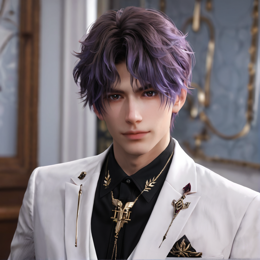 1boy,purple hair,black eyebrows,brown eyes,jacket,necktie,tie clip,shirt,lapel pin,pants,tight-fitting suit,depth of field,gorgeous background,formal,indoors,looking at viewer,male focus,solo,masterpiece,best quality,high quality,detailed hair,detailed face,detailed skin,realistic,<lora:L&DsRafayel(ZQ)_v1.0:0.5>,