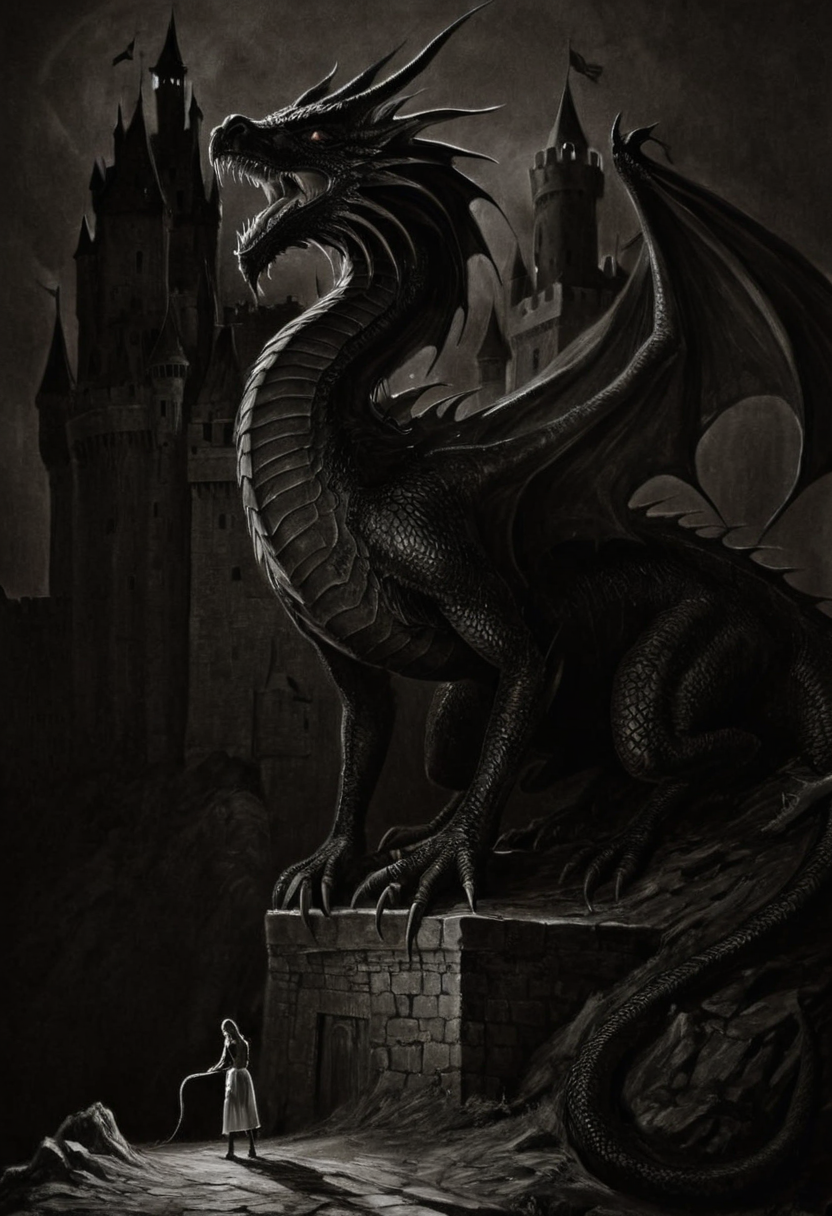 astonishing gloomy art made mainly of shadows and lighting, forming monoxxdr4ws, monochrome drawing of woman with dragon at qrotesque castle. masterful usage of lighting, shadows and chiaroscuro. made by black-hearted artist, drawing from darkness. best quality, high resolution, surrealist art monoxxdr4ws, monochrome drawing of woman with dragon at qrotesque castle . dreamlike, mysterious, provocative, symbolic, intricate, detailed