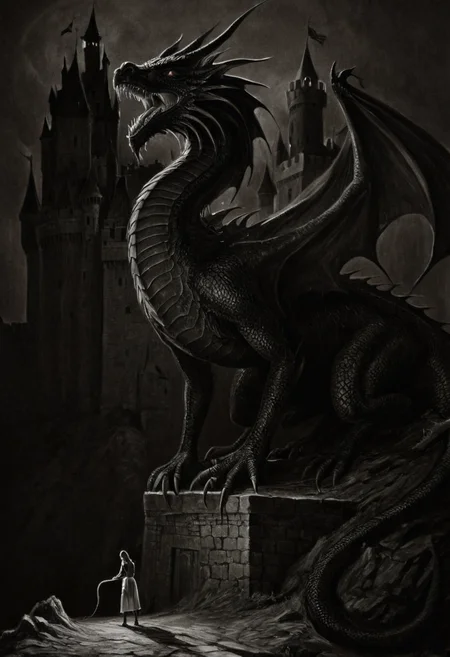 astonishing gloomy art made mainly of shadows and lighting, forming monoxxdr4ws, monochrome drawing of woman with dragon at qrotesque castle. masterful usage of lighting, shadows and chiaroscuro. made by black-hearted artist, drawing from darkness. best quality, high resolution, surrealist art monoxxdr4ws, monochrome drawing of woman with dragon at qrotesque castle . dreamlike, mysterious, provocative, symbolic, intricate, detailed