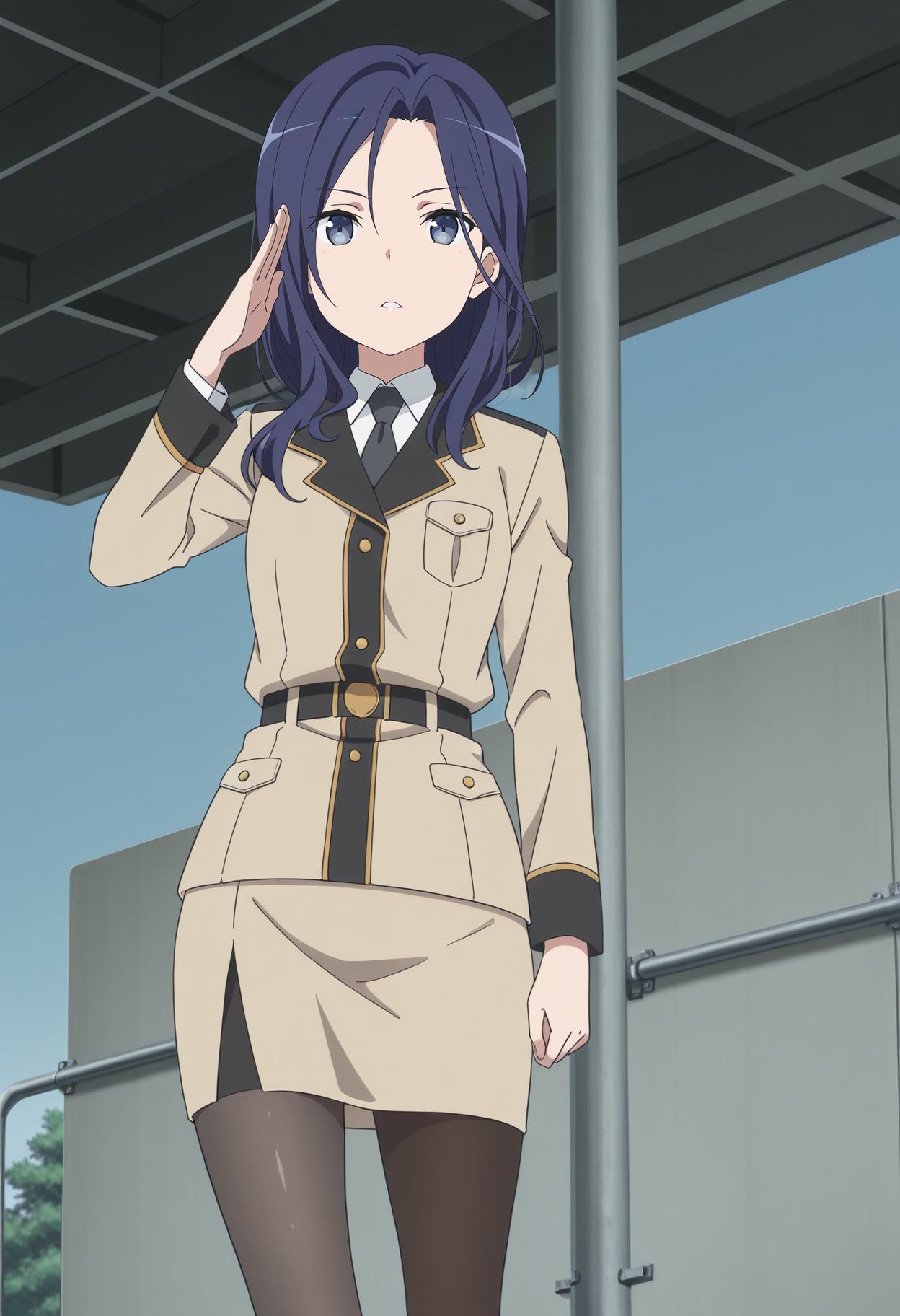 1girl,solo,Kaoru Furushou,long hair,blue hair,blue eyes,anime coloring,
uniform,military uniform,shirt,jacket,necktie,pantyhose,pencil skirt,salute, parted lips, looking at viewer, outdoors,blue sky, arm at side, serious, 
,masterpiece,best quality,amazing quality,<lora:Kaoru_Furushou-Highschool_Fleet:0.8>