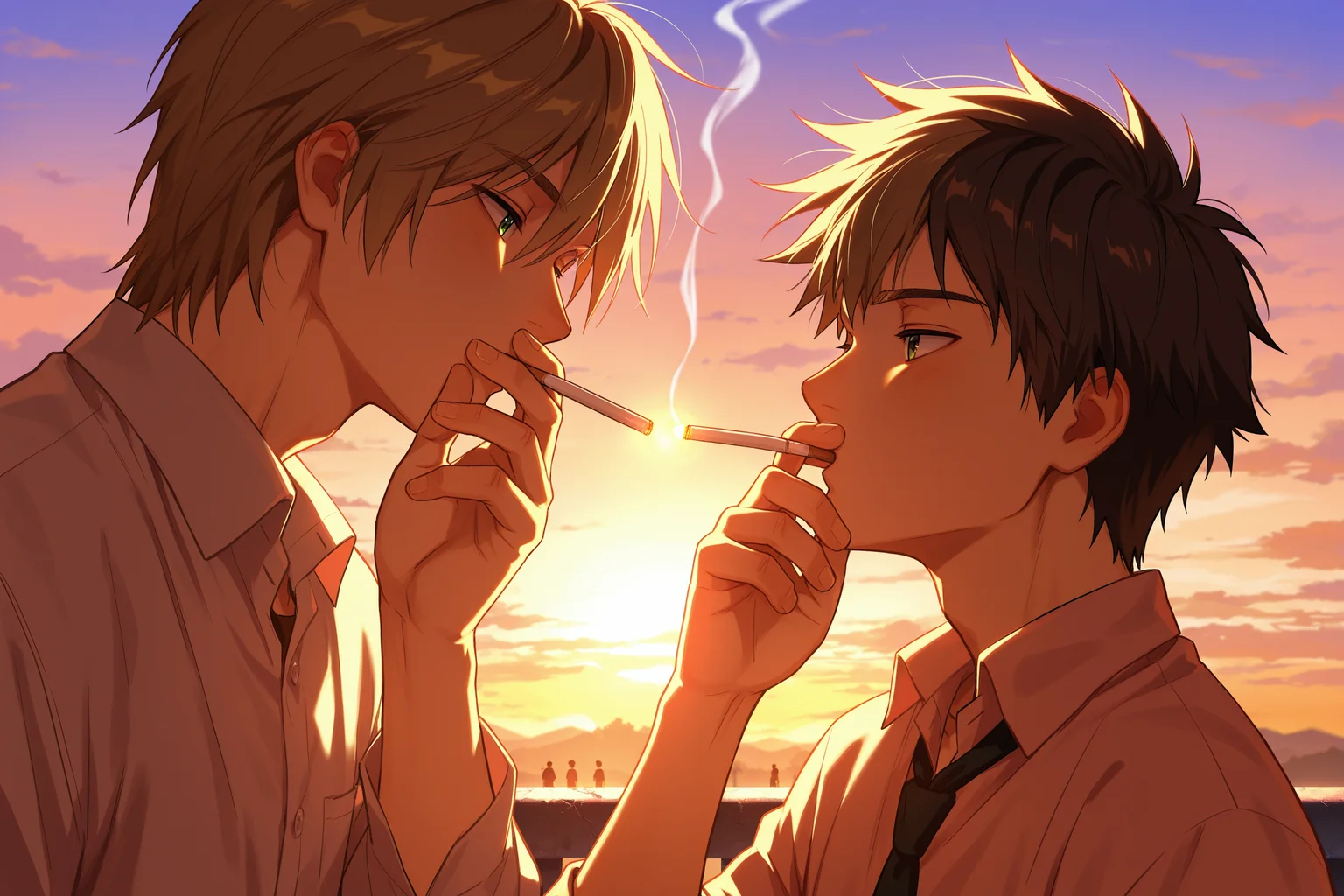 masterpiece, best quality, absurdres, safe
2boys, male focus, cigarette kiss, holding cigarette, smoking, sunset
<lora:cigarette_kiss_il_2_v4_d32_final:1>