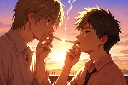masterpiece, best quality, absurdres, safe
2boys, male focus, cigarette kiss, holding cigarette, smoking, sunset
<lora:cigarette_kiss_il_2_v4_d32_final:1>