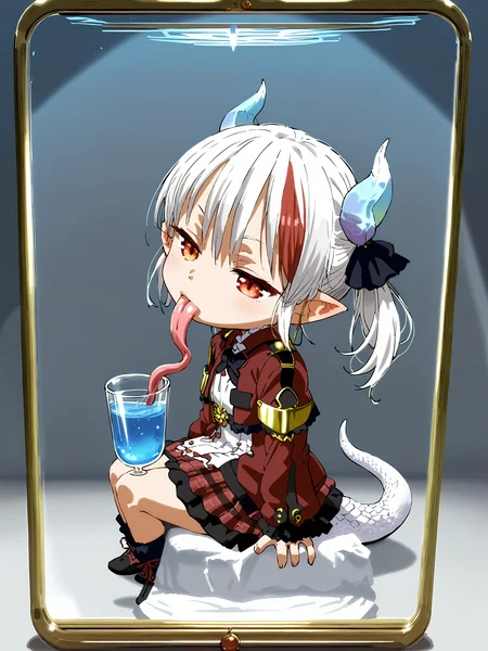 score_9,score_8_up,score_7_up,score_6_up,source_anime, shiny, shiny skin, <lora:MeMaXLV3_TypeB_AutismMix:0.8>, <lora:AIã¤ã©ã¹ããããã:0.8>, tamanoi, <lora:tamanoi:0.8>,
best quality, cute, chibi,solo,(monster girl:1.2),dragon girl,(scale:1.2),(shortstack:1.2),(half-closed eyes:1.2), white hair, red eyes,(two-tone hair:1.2),pointy ears, ,(lick put glass:1.4),long tongue (sketch, tegaki:1.3),from side, fantasy clothes,sitting,
,<lora:add-detail-xl:1>, japanese, ultra detailed, serious, best quality, amazing quality, very aesthetic, absurdres, masterpiece, best quality,spotlight,masterpiece, best quality, high quality, highres, absurdres, caustics, offcial art, anime screencap,