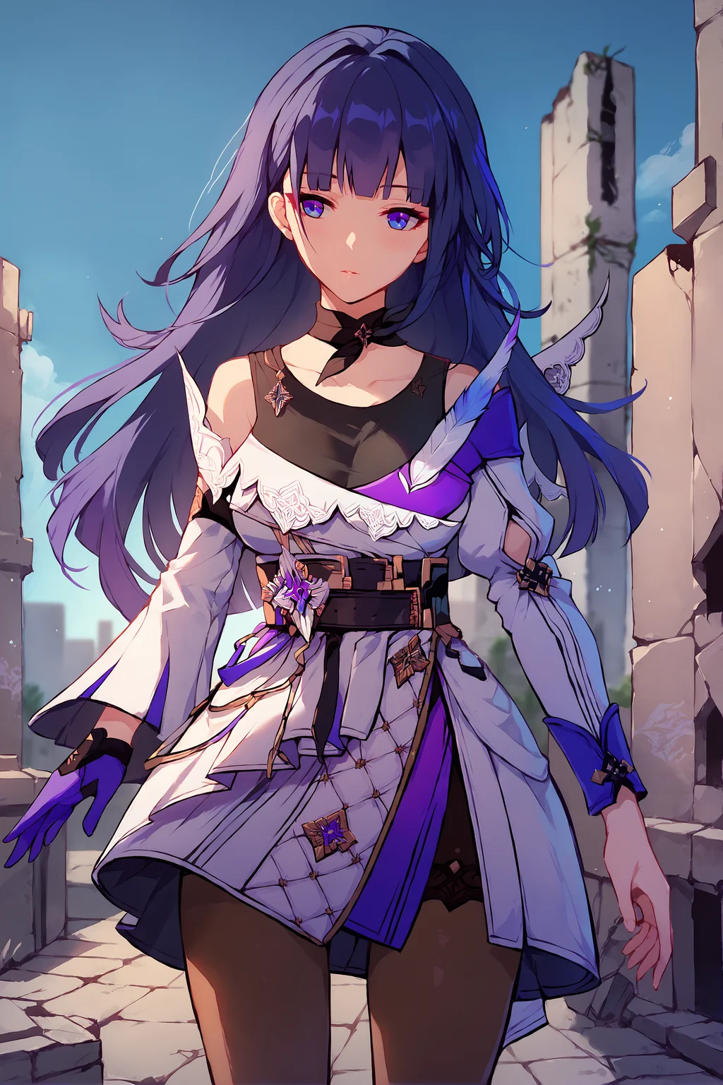score_9, score_8_up, score_7_up, 1girl, raiden mei, solo, pantyhose, single glove, layered dress, ribbon choker, tank top, detached sleeves, city ruins, standing, cowboy shot, outdoors, depth of field, floating hair <lora:Char-Honkai-RaidenMei-V1-Pony:1> <lora:style-nora_higuma:0.4> <lora:style-merrytail:0.4>