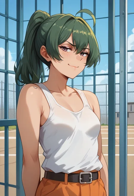 score_9, score_8_up, score_7_up, score_6_up, score_5_up, score_4_up, good light, front light, BREAK, <lora:Ubel:1>,ub3l, 1girl, small breasts, ahoge, green hair, ponytail, high ponytail, BREAK, (prison overall:1.6), open overall, orange overall, tanktop, white tanktop, BREAK, outside, outdoors, prison yard, sport ground, fence, barbed wire, BREAK, standing, smug, (horny:1.4), obscene gesture,, Khyle,