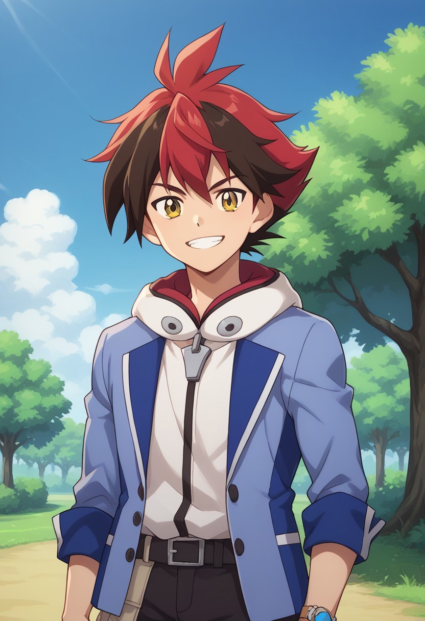 score_9, score_8_up, score_7_up, source_anime, highly detailed, 
hiroryuga, 1boy, male focus, red hair, solo, multicolored hair, upper body, jacket, yellow eyes, pants, looking at viewer, belt, two-tone hair, brown hair, standing, blue jacket, spiked hair, grin, hood, black pants, smile,
outdoor, sky, clouds, tree