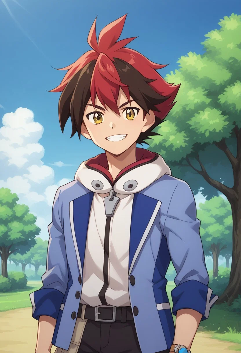 score_9, score_8_up, score_7_up, source_anime, highly detailed,
hiroryuga, 1boy, male focus, red hair, solo, multicolored hair, upper body, jacket, yellow eyes, pants, looking at viewer, belt, two-tone hair, brown hair, standing, blue jacket, spiked hair, grin, hood, black pants, smile,
outdoor, sky, clouds, tree