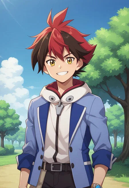 score_9, score_8_up, score_7_up, source_anime, highly detailed,
hiroryuga, 1boy, male focus, red hair, solo, multicolored hair, upper body, jacket, yellow eyes, pants, looking at viewer, belt, two-tone hair, brown hair, standing, blue jacket, spiked hair, grin, hood, black pants, smile,
outdoor, sky, clouds, tree