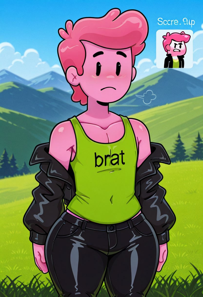 score_9, score_8_up, score_7_up, source_cartoon, show accurate, 1boy, sexy boy, solo, solo focus, prince bubba gumball, 1guy, pink skin, pink hair, tank top, crop top, off-shoulder jacket, black jacket, leather pants, portrait, close up, face focus, seme, meme, thick thighs, bratcharli, bratcharli shirt, grass background, hills, green clothing, wide hips, steamy body, vanishing point
