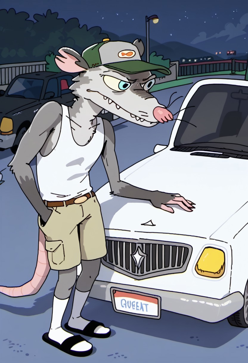 Score_9, score_9_up, solo, 1boy, furry, animal, oppossum, pink nose, blue eyes, grey fur, rat tail, opossum tail, animal ears, tank top, cap, green cap, shorts, socks, flip flops, sandals, wiskers, leaning against a car, night, gas station, Expressiveh