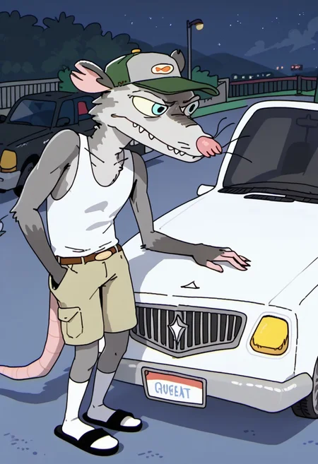 Score_9, score_9_up, solo, 1boy, furry, animal, oppossum, pink nose, blue eyes, grey fur, rat tail, opossum tail, animal ears, tank top, cap, green cap, shorts, socks, flip flops, sandals, wiskers, leaning against a car, night, gas station, Expressiveh
