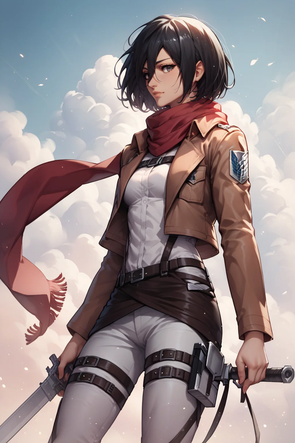 score_9, score_8_up, score_7_up, score_6_up, score_5_up, score_4_up, <lora:mikasa ackerman-PonyXL:0.8> mikasa ackerman, black eyes, black hair, short hair, white shirt, thigh strap, open cropped brown jacket, red scarf, white pants, survey corps \(emblem\), boots, standing,