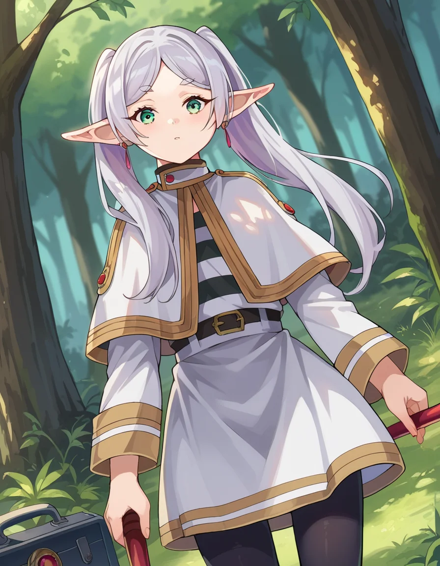 score_9, score_8_up, score_7_up, source_anime,
frieren, <lora:frieren-ponyxl-lora-nochekaiser:1>,
frieren, long hair, twintails, green eyes, grey hair, pointy ears, elf,
shirt, long sleeves, jewelry, pantyhose, earrings, striped, black pantyhose, capelet, striped shirt, skirt, white skirt,
outdoors, forest, nature, staff, holding staff, briefcase,
looking at viewer, cowboy shot, dutch angle,