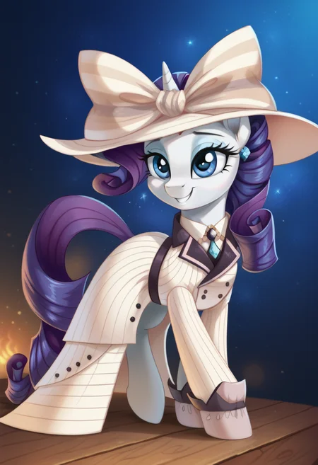score_9,score_8_up,score_7_up,score_6_up,score_5_up,score_4_up,my little pony,((feral pony)),1girl,((solo)),(sexy),beautifully detailed,(detailed cute pony face),((detailed blue starry background:1.5)),((woman)),high angle,(cute smile:1),((up-close)) 1girl,((solo)),(sexy),full body,<lora:titanic:0.9>,Rarity,titanic,an elegant white striped dress with lilac details,a pink lilac hat with a wide brim decorated with a pink bow,earrings with blue stones,a pink tie with a blue crysta,
<lora:OtherStyle_01:1>,<lora:Wholesome_MLP-v1.0:1>,