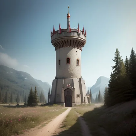 realistic analog photo, award winning photo, vary wide shot of (authoritarian) Cement:1.3 witow (Military watchtower):1.3, fort, building, scenery, dirt path, (on a hilltop), nature, outdoors, RAW, highres, 8k, uhd, High Dynamic Range, tonemapping, crisp details,