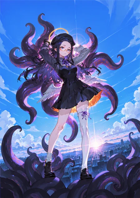 zPDXL3 Real score_9, score_8_up, score_7_up, score_6_up source_anime, highly detailed, sharp, intricate details, rating_safe rating_sensitive, rating_explicit, masterpiece, best quality, good quality, bright eyes light particles lens flare amazing quality, very aesthetic, very awa, absurdres, newest,
<lora:nhl-001-20:0.4> nhl-001 film grain multicolored background ,<lora:ponyv4_noob1_2_adamW-000017:0.33>
<lora:yoneyamaiXLNBVP1lokrV6311PZ:0.5>, <lora:xilmoforill:0.5>
medium breasts, dynamic pose, dynamic angle,
optical illusion, ssambatea, quasarcake, Fishine, arutera, soresaki, reoen, sanbonzakura, askzy, negative space, see-through, made of, neon light, detailed background,
outdoors, cloud, sky, blue sky, fantasy scenery, day, blue theme, cloudy sky,
inaina_prstss, strapless dress, orange skirt, orange headpiece, single detached sleeve, single thighhigh, white thighhighs, purple ribbon, black gloves
halo, tentacles, low wings
inaina_painter, pinafore dress, pinstripe shirt, beret, forehead, glasses, pantyhose
 <lora:ina_illus:0.7>