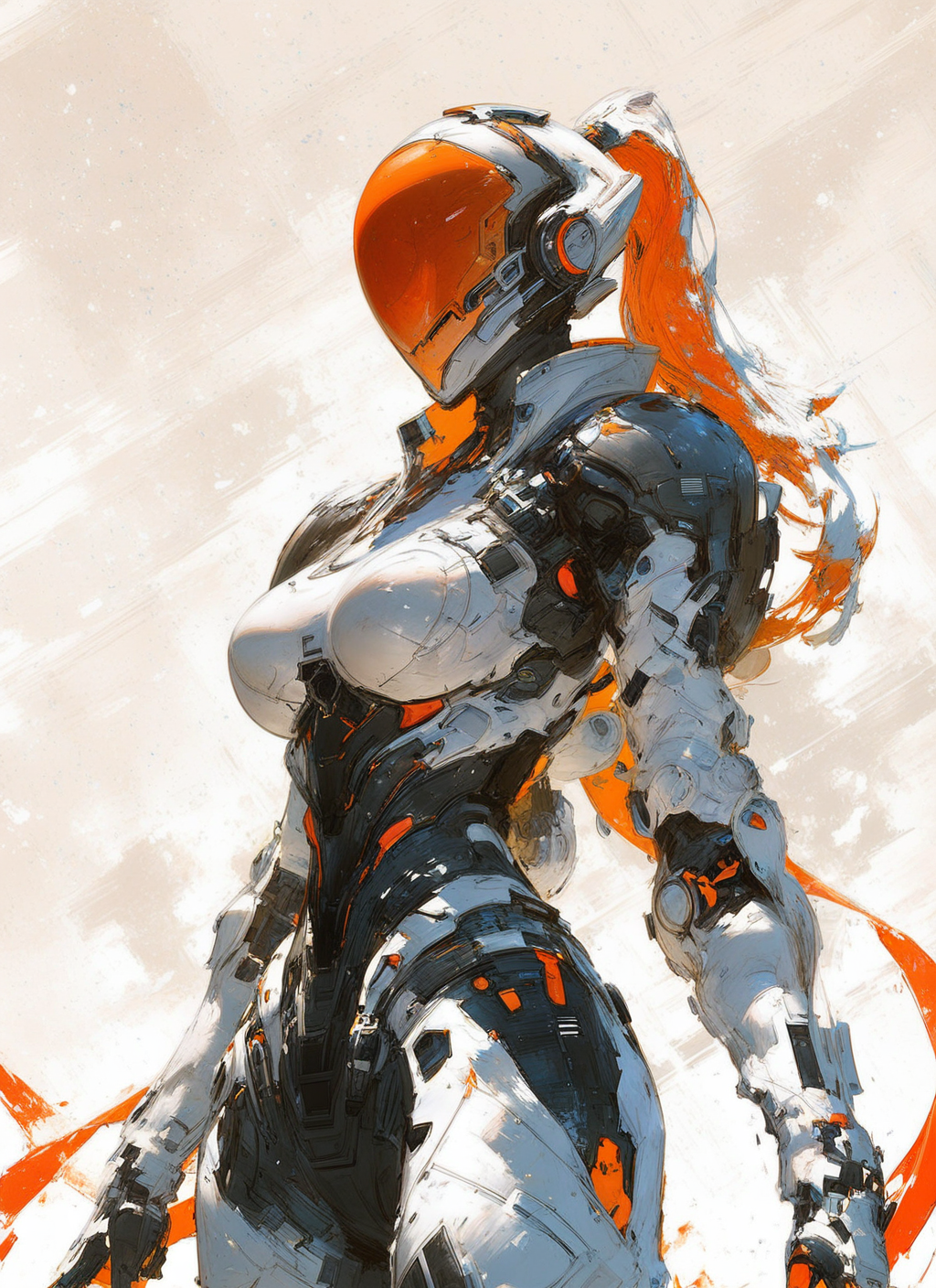 score_9, score_8_up, score_7_up, highly detailed, painting, girl, large breasts, helmet, black armor, long pink ponytail, standing, mcnm, luminescent futuristic screen, rating_questionable, BREAK best quality, masterpiece, e621, digital_art <lora:Mechanism-pdxl-1:1.0>