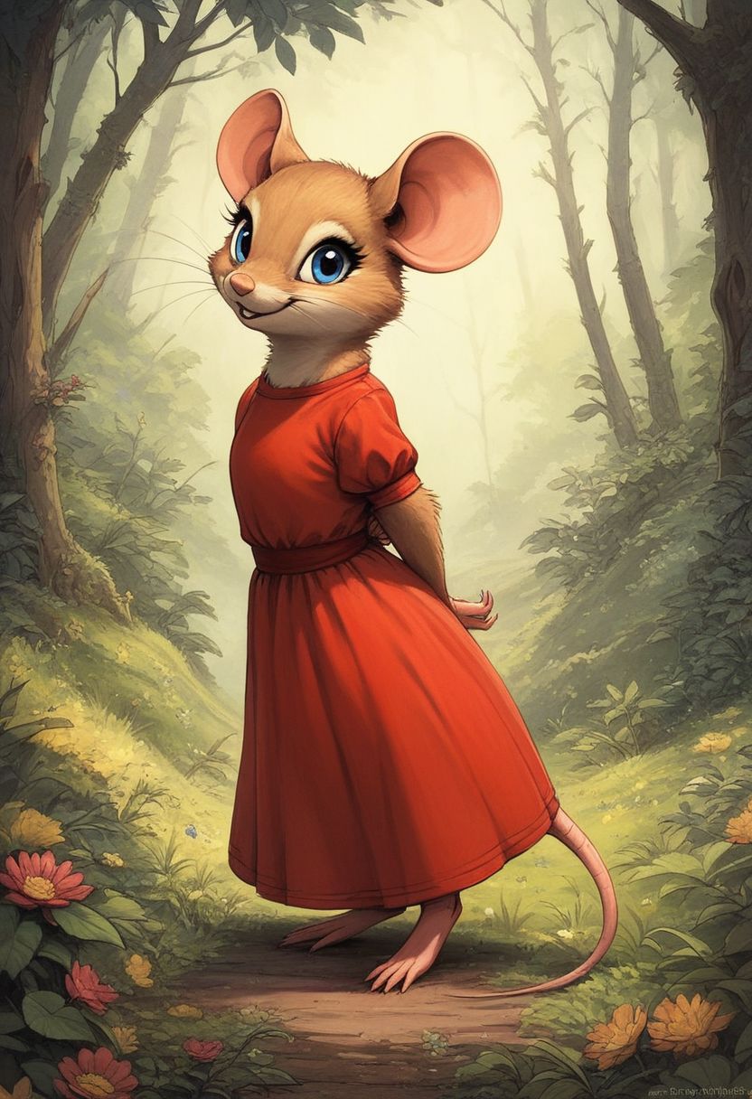 score_9, score_8_up, score_8, solo, (fluffy), (feral:1.5), toes, furry, (((mouse))), female, blue eyes, yellow fur, claws, (red dress), in the style of beatrix potter, outdoors, arms behind back, (solo:2), side view, smile, (open mouth:0.5), cute, (flat colors, line art:0.5), forest, bushes, flowers, look at viewer