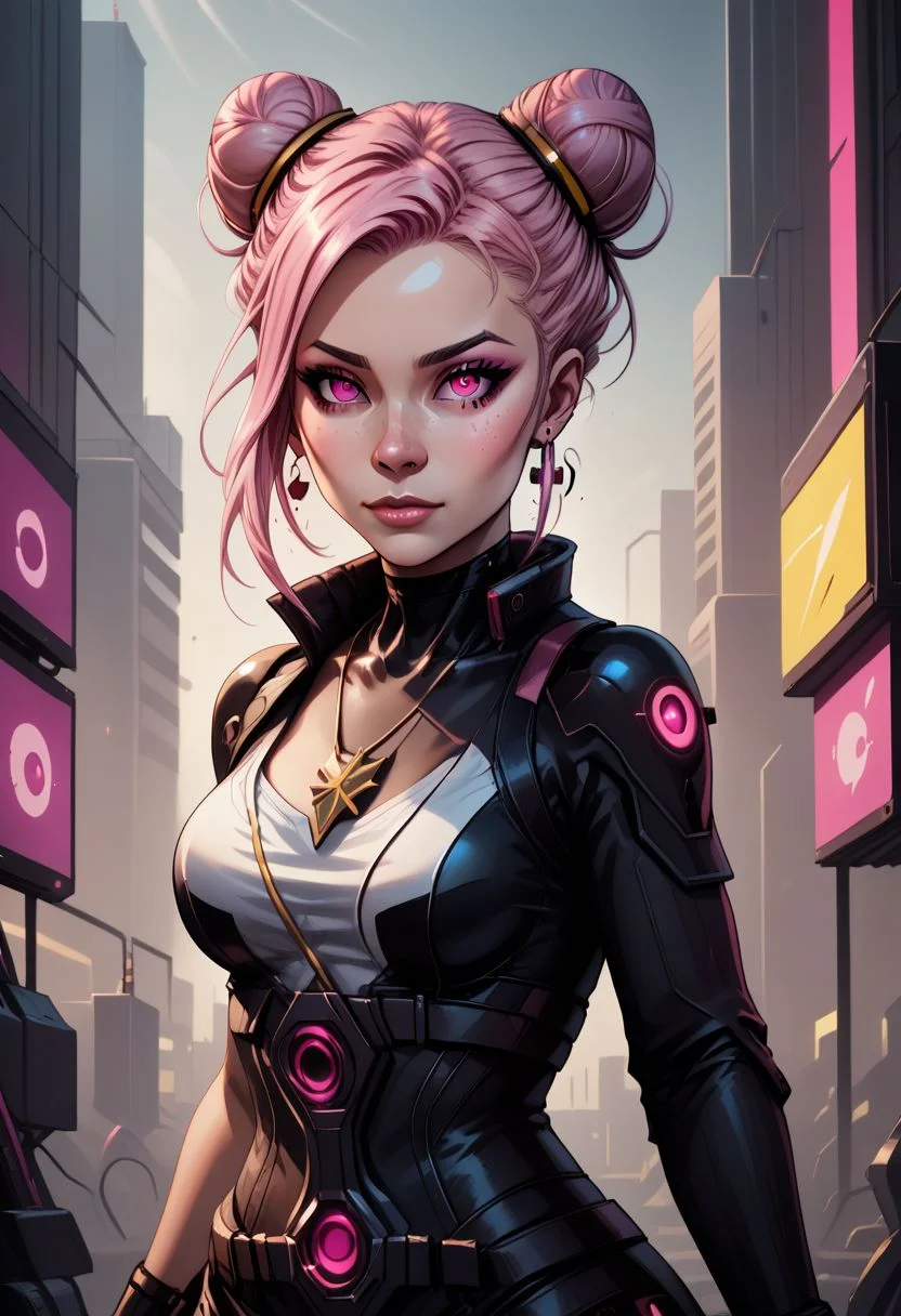 Animated Nightmare Style, 1girl, closed mouth, cyberpunk, double bun, earrings, freckles, glowing, hair bun, hand up, jewelry, lips, looking at viewer, makeup, medium breasts, necklace, nose, outdoors, pink eyes, pink hair, ring, solo, upper body, BREAK PonyXLV6_Scores