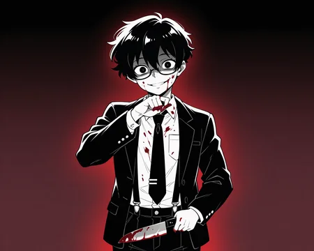 IllustriousQual_1017896, detailed face, detailed body, greyscale, scenery, red backlighting, cowboy shot, 1boy, solo, otoko no ko, tonned, doomerboy, black hair, black eyes, very short hair, pixie cut, hair between eyes, crazy, crazy smile, crazy eyes, creepy eyes, small pupils, evil grin, shaded face, crazy eyes, looking at viewer, facing viewer, business suit, open blazer, white stripped collared shirt, long sleeves, black necktie, tie clip, black suspenders, semi-rimless eyewear, standing, holding kitchen knife, left-handed, blood on face, blood on clothes, blood on hands, blood on weapon, bloody handprints on shirt, wiping blood from face with right hand, maroon background, gradient background,   <lora:StS-Illustrious-Detail-Slider-v1.0:5><lora:hand 5.5_903007:0.9><lora:StS_Age_Slider_Illustrious_v1:3><lora:Doomerboy:1><lora:il_brightness_slider_d1_1133126:-2><lora:VenetianLightingILL:1>