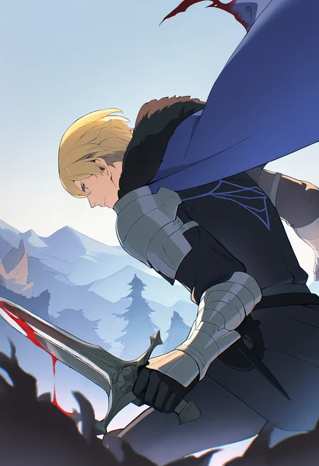 masterpiece, best quality, <lora:age_slider_v4:4>,detailed_background,outdoors,fire emblem warriors: three hopes,armor,torn cape,holding dagger,floating clothes,blood,black gloves,dimitri alexandre blaiddyd,knife,torn clothes,eye contact,blonde hair,cape,gauntlets,fire emblem: three houses,looking at another,dagger,closed mouth,short hair,2boys,byleth \(fire emblem\),holding,male focus,absurdres,pauldrons,holding knife,green hair,blue fur,multiple boys,fur trim,shoulder armor,urotozm,blue cape,byleth \(male\) \(fire emblem\),nintendo,green eyes,gloves,weapon,armored gloves,fire emblem,hair between eyes,holding weapon,highres