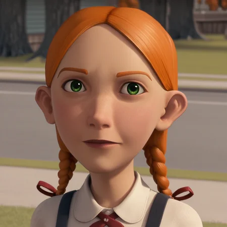score_8_up, BREAK, JennyBennett , 1girl, solo, orange hair , twin braids, green eyes, red ribbon, white collared shirt, suspenders, portrait, outdoors, <lora:JennyBennett_PXL_Leaf1:1>, depth of field, looking at viewer,