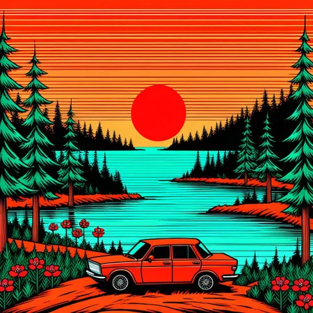 orange sky, car, nature, water, pine tree, border, red flower, ocean, no humans