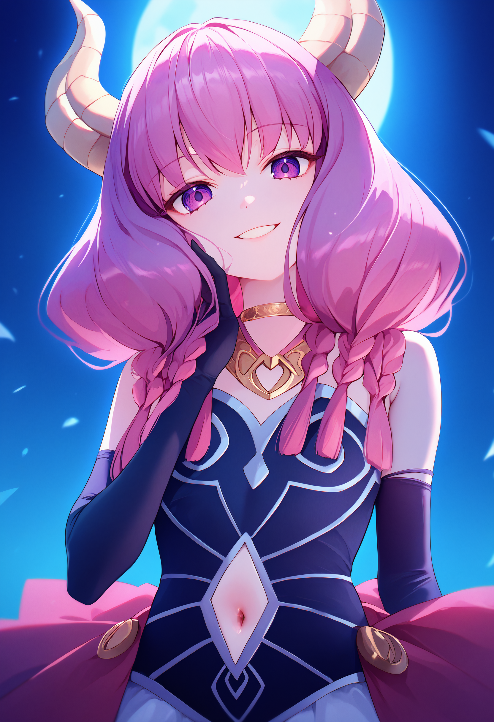aura \(sousou no frieren\), 1girl, elbow gloves, solo, clothing cutout, black gloves, looking at viewer, demon girl, braid, navel cutout, demon horns, purple eyes, long hair, multiple braids, gold necklace, dress, jewelry, bare shoulders, pink hair, purple hair, low-braided long hair, necklace, night, low-tied long hair, evil smile, small breasts, upper body,
<lora:sousou_no_frieren_collection_v1.2:1> score_9, score_8_up, score_7_up, score_6_up, absurdres, masterpiece, best quality, very aesthetic