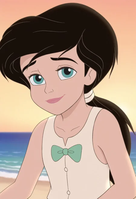 close up,melody,aqua eyes,thick eyebrowns,soft smile,closed mouth,pink lips,black hair,ponytail,white hairband,arms down,green undershirt,sleeveless,white bowtie,sea,yellow sunrise beach background