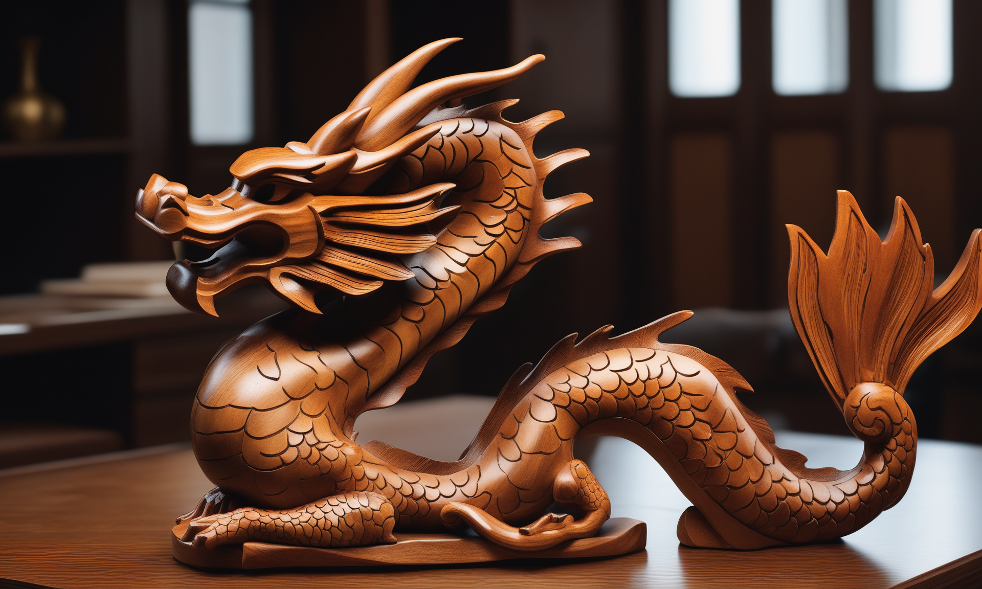 <lora:woodcarvingcd_xl-000005:0.8>,a statue of a chinese dragon made of wooden in office scene,woodcarvingcd_xl,wood carving,indoors,chinese zodiac,wooden table,cutie,cute,still life,animal statue,front view,facing viewer,looking at viewer,(Unbelievable Digital Artwork:1.3),fine art,CGSociety,ArtStation,master works, emotional, harmonious, high budget, moody, epic, gorgeous, perfect lighting, realistic, photorealistic, photographic, photo (medium),real, moody lighting, volumetric lighting, reality ray tracing, 8K, HDR, UHD, masterpiece, best quality, highly detailed, high resolution, finely detail, extremely detailed, ultra detailed, wallpaper