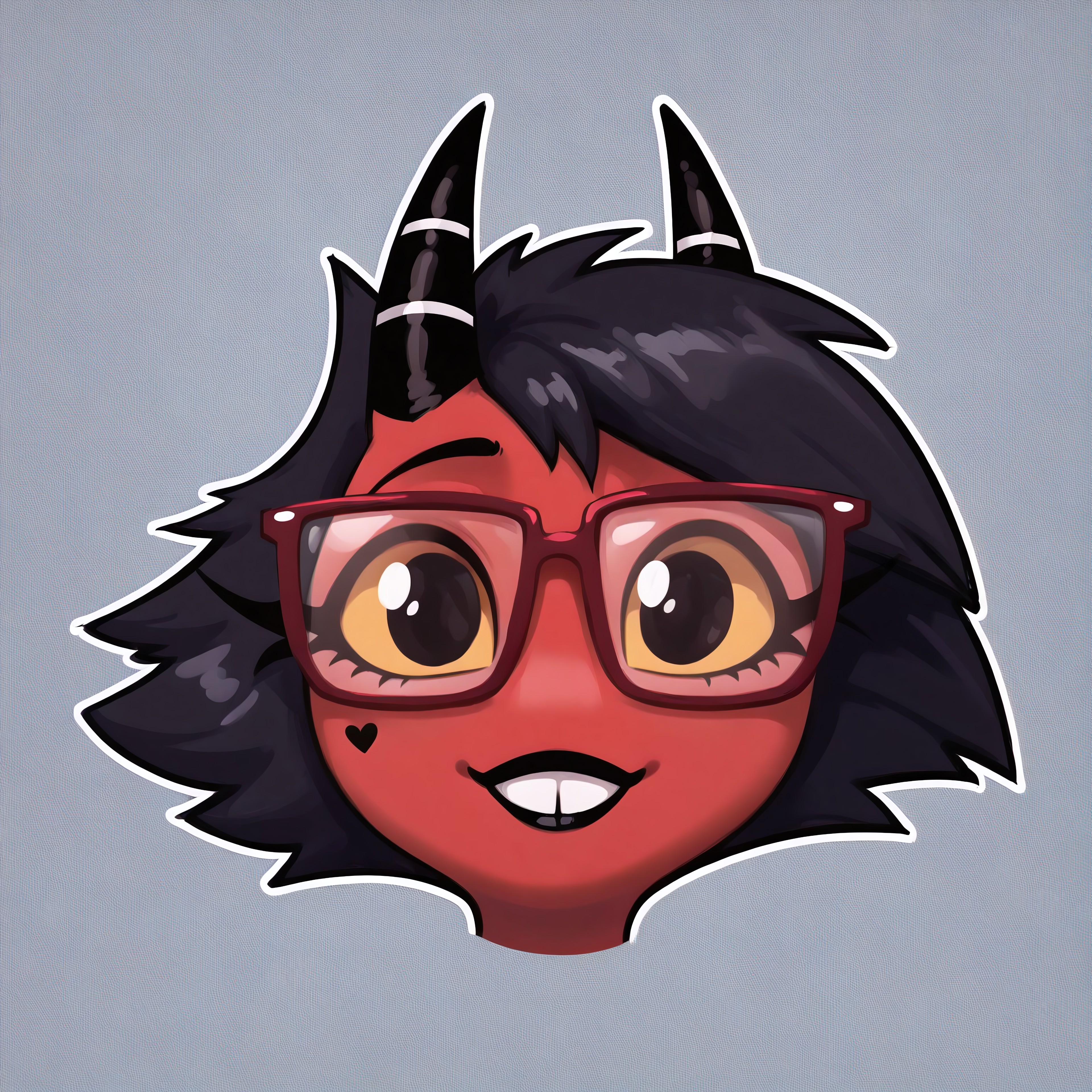 masterpiece, score_9_up, score_8_up, score_7_up, score_6_up, (best quality:1.1), ultra-detailed, high resolution, solo, highly detailed macro illustration, sfw, BREAK 1girl, millie, helluva boss, imp, smile, horns, red skin, black hair, black lipstick, cute, (cute face:1.5), buck teath, long eyelashes, yellow sclera, (beautiful eyes) BREAK mikus-concept, upper body, mikus-nerd, (thick-framed glasses:1.3), round lenses, raised eyebrows, awkward smile, nerd BREAK abstract girly patterned background, sharp focus, perfect lighting, anatomically correct, extremely detailed, high detail, detailed background, OverallDetail, zPDXL3