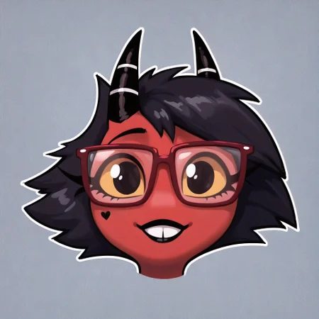 masterpiece, score_9_up, score_8_up, score_7_up, score_6_up, (best quality:1.1), ultra-detailed, high resolution, solo, highly detailed macro illustration, sfw, BREAK 1girl, millie, helluva boss, imp, smile, horns, red skin, black hair, black lipstick, cute, (cute face:1.5), buck teath, long eyelashes, yellow sclera, (beautiful eyes) BREAK mikus-concept, upper body, mikus-nerd, (thick-framed glasses:1.3), round lenses, raised eyebrows, awkward smile, nerd BREAK abstract girly patterned background, sharp focus, perfect lighting, anatomically correct, extremely detailed, high detail, detailed background, OverallDetail, zPDXL3