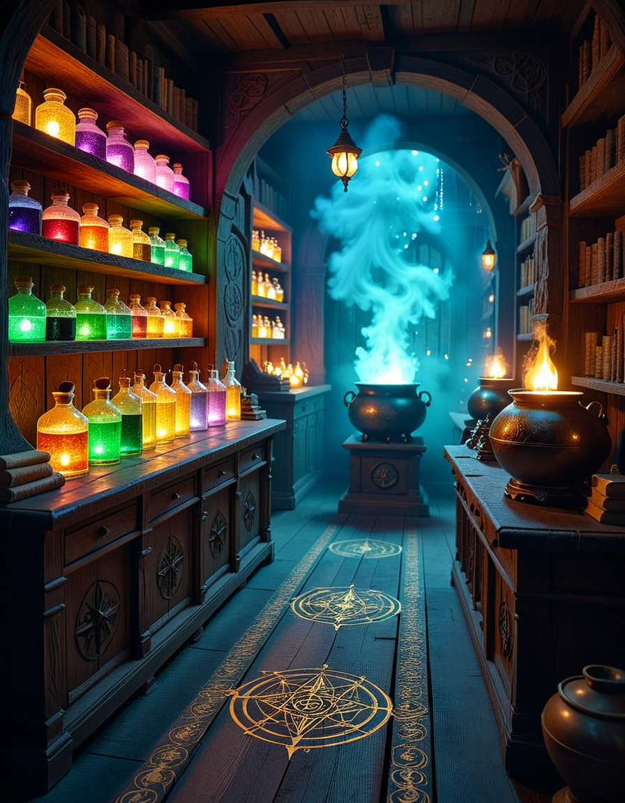 A dimly lit, mysterious alchemy shop filled with ancient books, glowing potions, and strange magical artifacts. Wooden shelves, covered in dust and cobwebs, are packed with glass bottles containing bubbling liquids in deep purples, shimmering golds, and eerie greens. The air is thick with swirling mist, and candlelight flickers, casting long shadows across the stone walls. In the foreground, an old wooden counter holds an open grimoire, alongside mortar and pestles, dried herbs, and mysterious symbols carved into the surface. Strange objects like a levitating crystal orb, a preserved dragonâs eye in a jar, and an enchanted dagger with glowing runes are displayed throughout the space. A bubbling cauldron in the corner emits a soft, eerie glow, illuminating the intricate arcane symbols on the floor. The atmosphere is dark, mystical, and full of ancient secrets, evoking a sense of forgotten magic and hidden knowledge.
<lora:SDXLFaeTastic2400:0.4> <lora:extremely_detailed:0.4> extremely detailed,<lora:mysterious_4lch3my_sh0p:1>,mysterious 4lch3my sh0p, Masterpiece,best quality,hi res,8k,hi res,8k,award winning,(sharp focus, intricate, highly detailed),