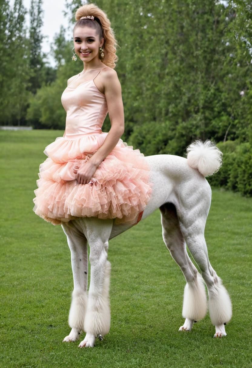 fictional character, raw photo of ultra slim 18-years-old russian female centaur dog with human face, beautiful l>lita dress, poodle lower body, poodle tail, ultra voluminous haircut