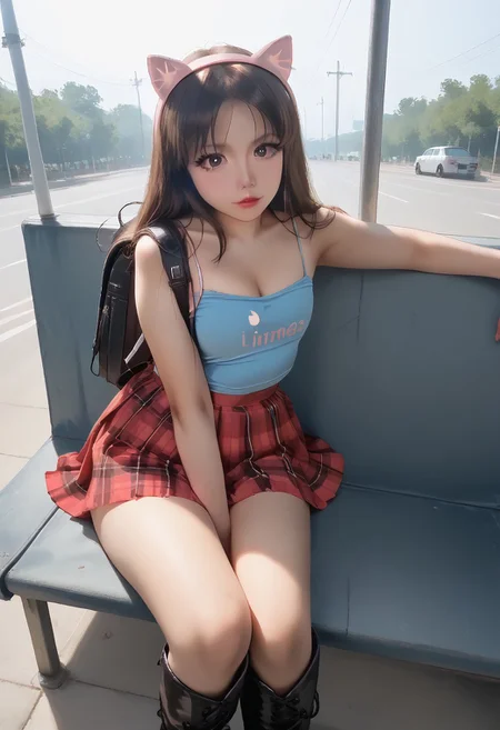 score_9, score_8_up, score_7_up, score_6_up, amateur, photo, 2000s nostalgia , flash, pov, 1girl, cat ears, spaghetti strap tank top, bare shoulders, plaid skirt, thigh high boots, fishnet stockings, backpack, legs crossed, sitting on a bench, bus stop, thigh focus
BREAK
Dramatic angle, unique perspective, unique angle