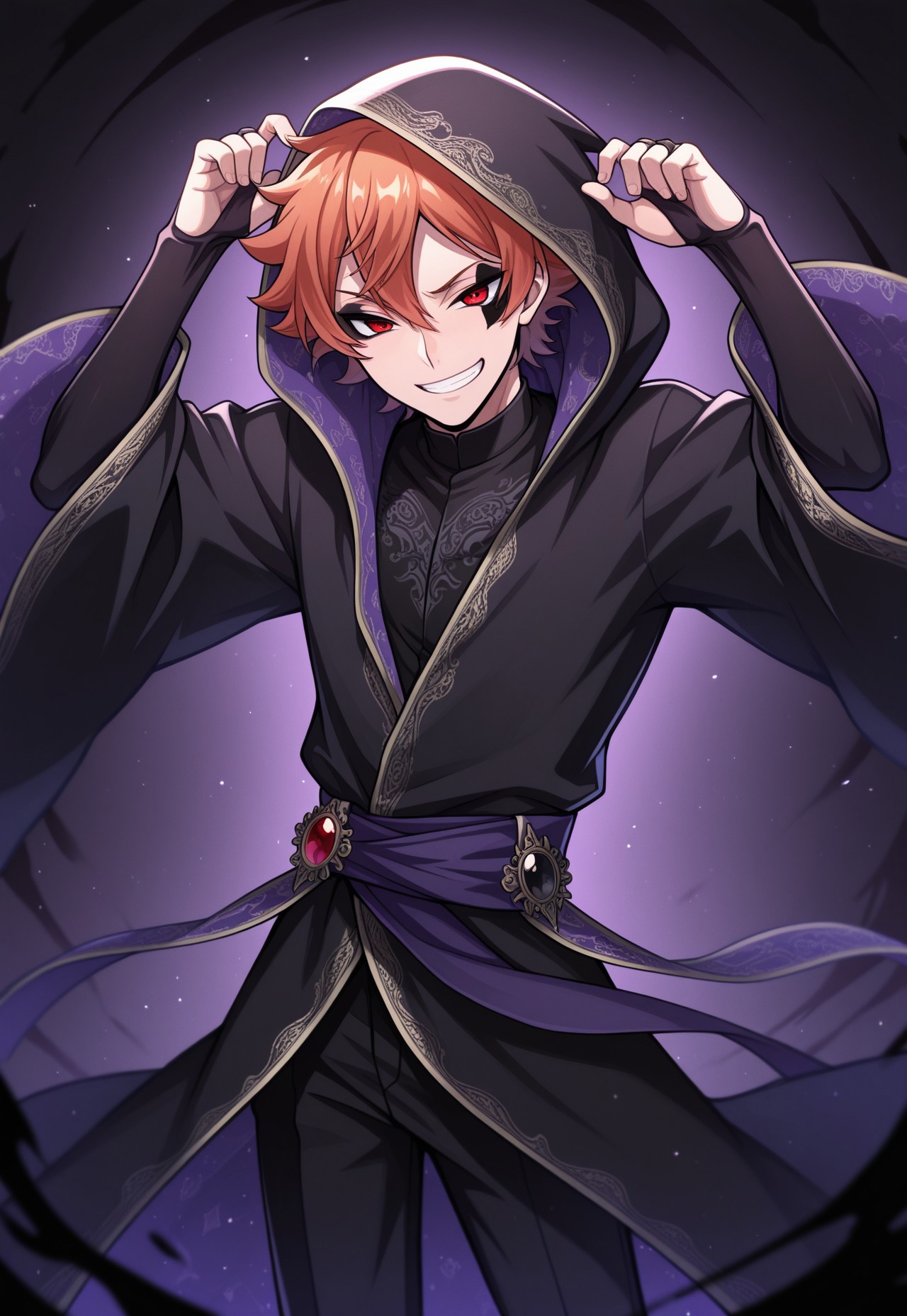 masterpiece,best quality,amazing quality, source_anime, 

acetrappola, 1boy, male focus, solo, red eyes, orange hair, facial tattoo, heart tattoo, black tattoo, shirt, black shirt, robe, black robe, hood, purple sash, wide sleeves, bridal gauntlets, pants, black pants, grin, darkness,