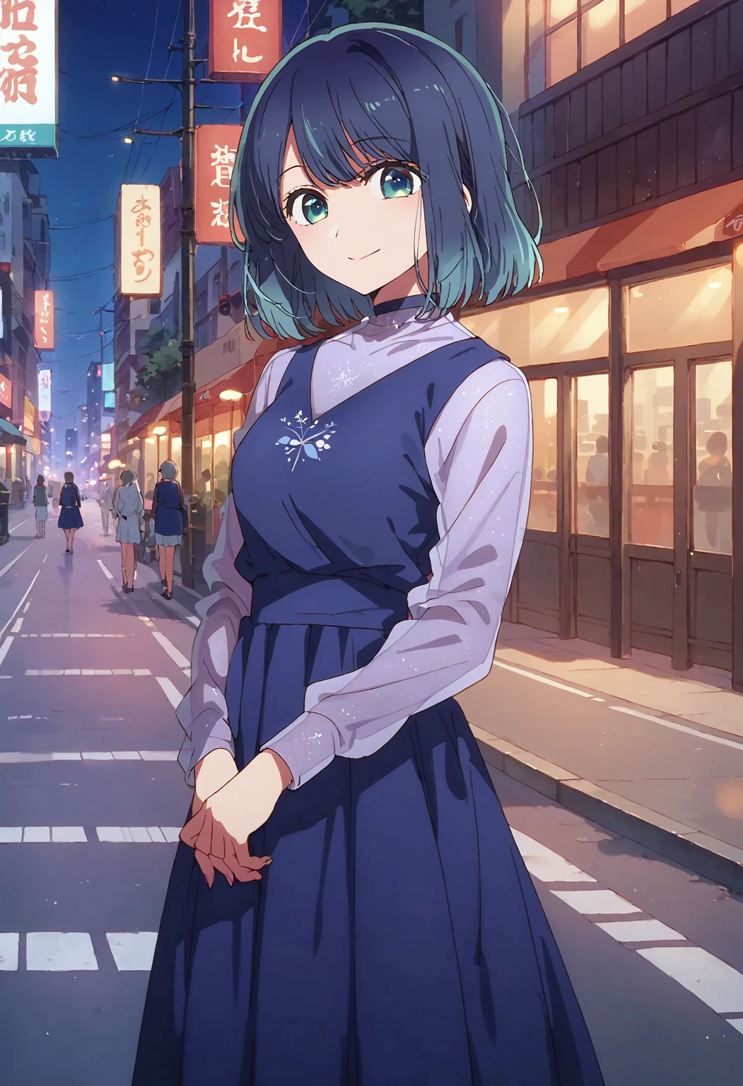 score_9, score_8_up, score_7_up, , score_ANIME,kurokawaakane, 1girl, solo, looking at viewer, , long sleeves,, blue dress, gradient hair, bangs,, closed mouth, blue hair, standing, short hair, see-through shirt, cowboy shot, , aqua eyes , <lora:kurokawaakane_pony2:1> smile, street, city lights, smile, breasts